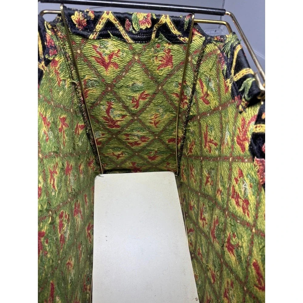 Vintage Tapestry Knitting Bag Black Floral Diamond Trellis Metal Frame Tote